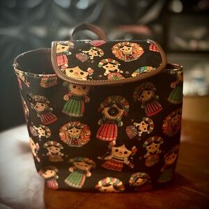 Black Patterned Women’s Backpack with Colorful Folk Doll Print